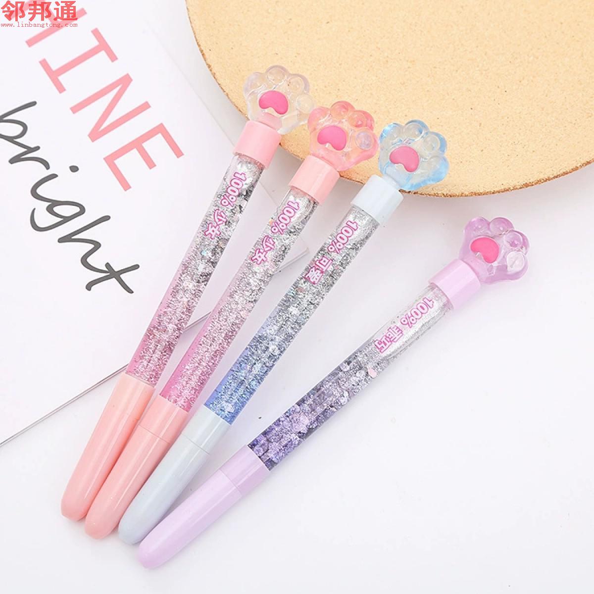 蓝色白色紫色粉色流沙笔可爱水晶熊掌入油流沙笔 创意ins少女心仙女笔卡通学生文具中性笔